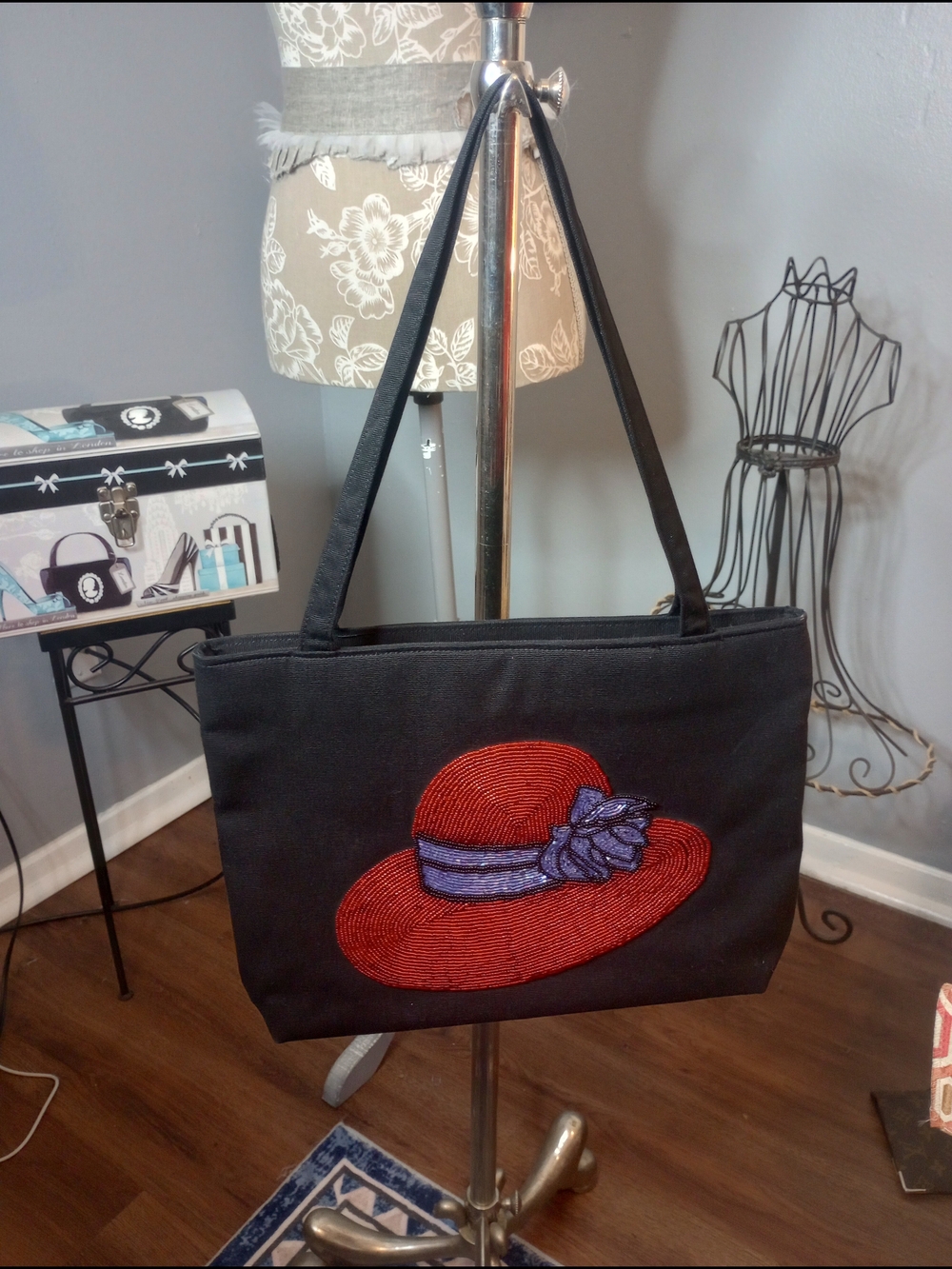 Red Hat Society Black Tote Bag with Beaded Design Y2K Vintage
